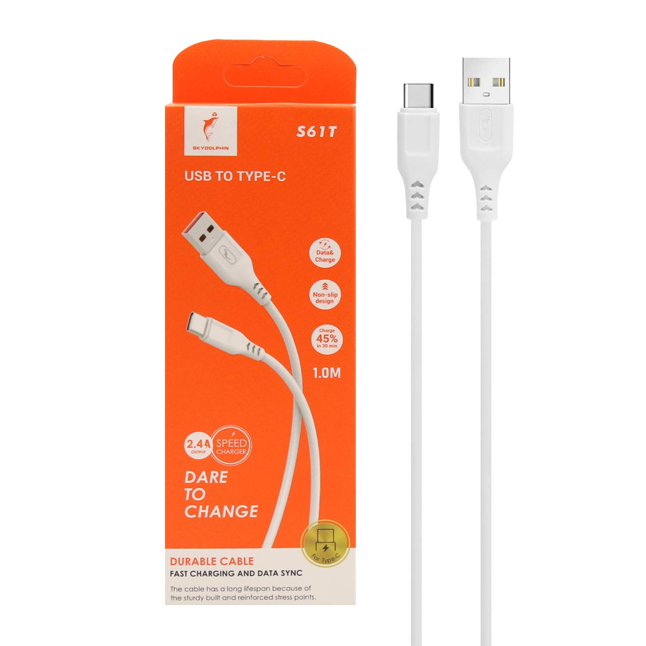 کابل شارژ فست SKY DOLPHIN Type‑C مدل S61T رنگ سفید